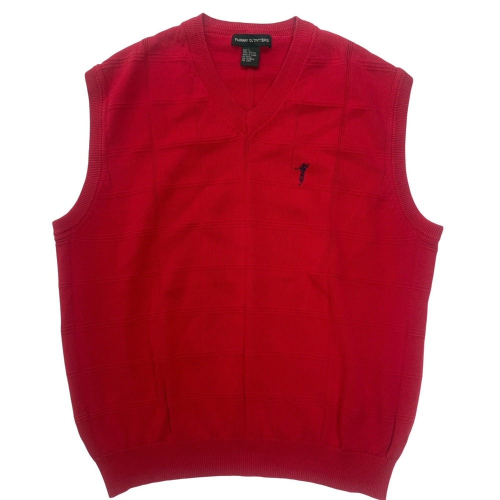Fairway Outfitters Mens Red Cotton V-Neck Golf‎ Sweater Vest Large Textured Grid
